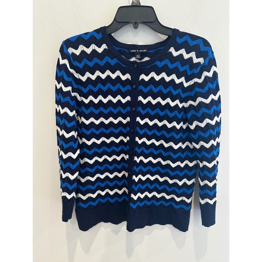 Cable & Gauge Women Blue White Chevron Zigzag Button Front Cardigan Sweater L